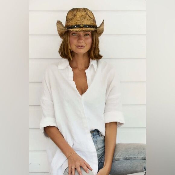 Brown Straw Cowboy Hat Beaded Band Sz  7 1/2 (M/L) Boho Western Vacation main image 4